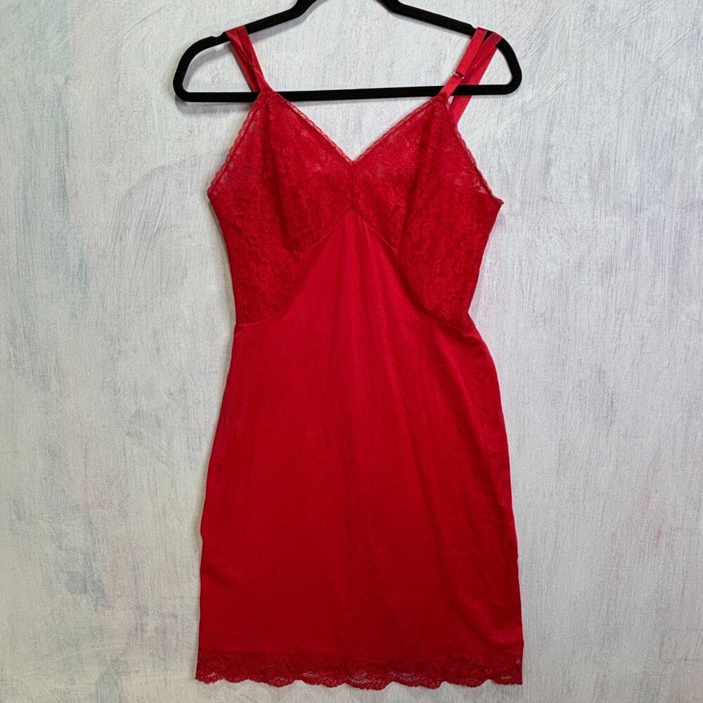 Vtg Formfit Rogers Full Dress Slip Red Silky Nylon Pleated Chiffon & Lace Sz 38